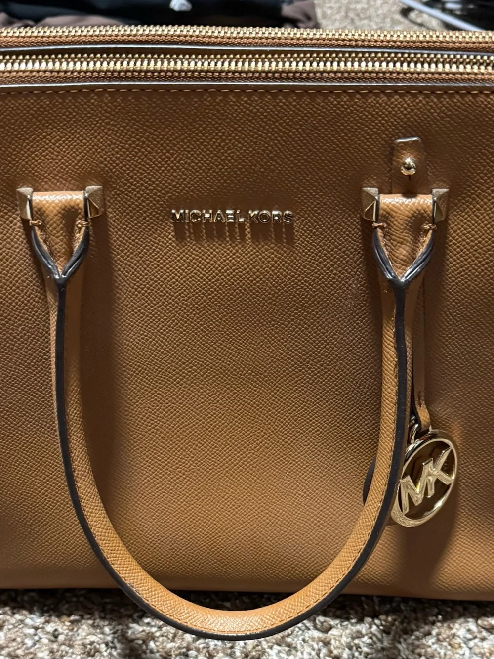 MICHAEL KORS Caramel/Tan Saffiano Leather Satchel with Gold Hardware